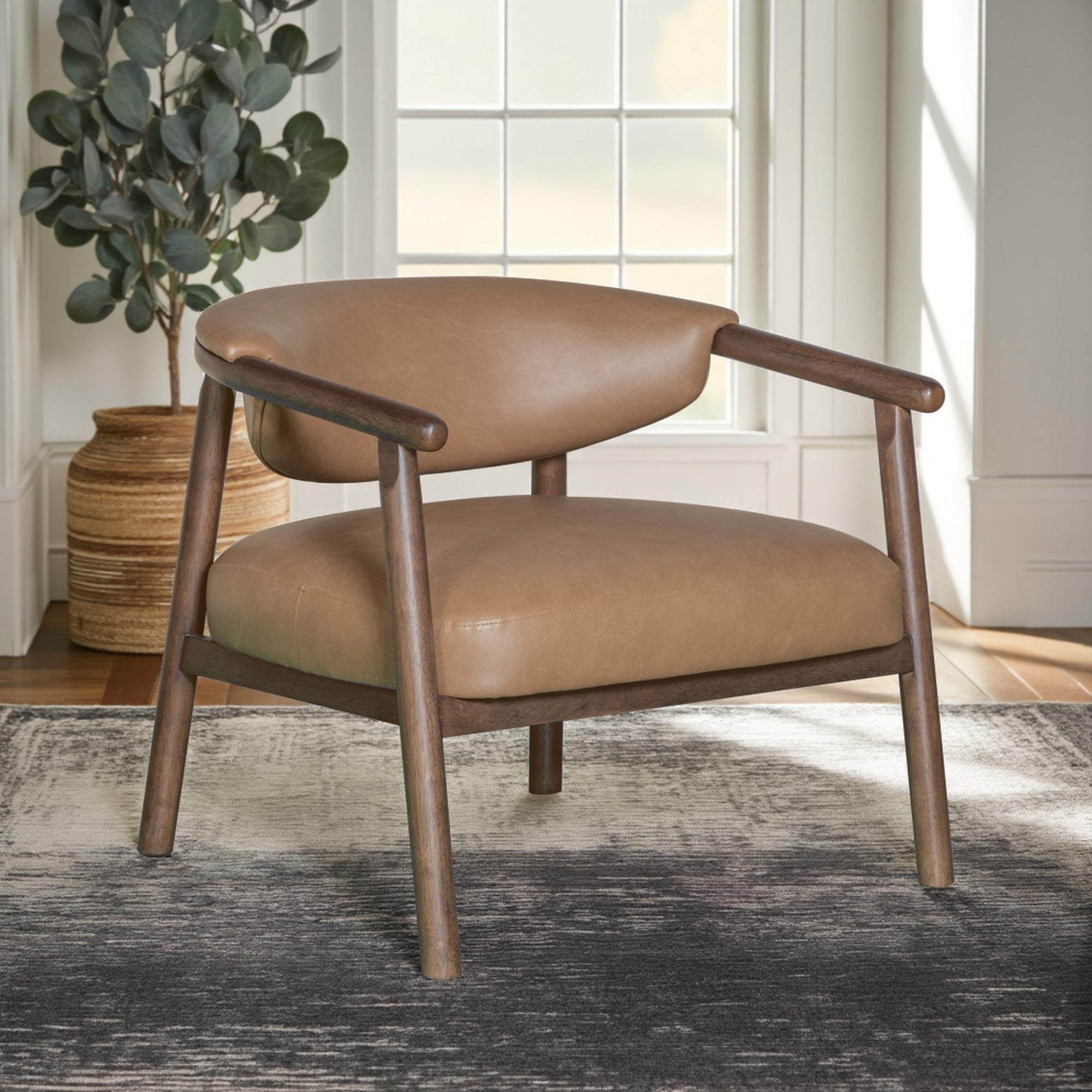 33" Brown and Dark Brown Faux Leather And Wood Arm Chair-8