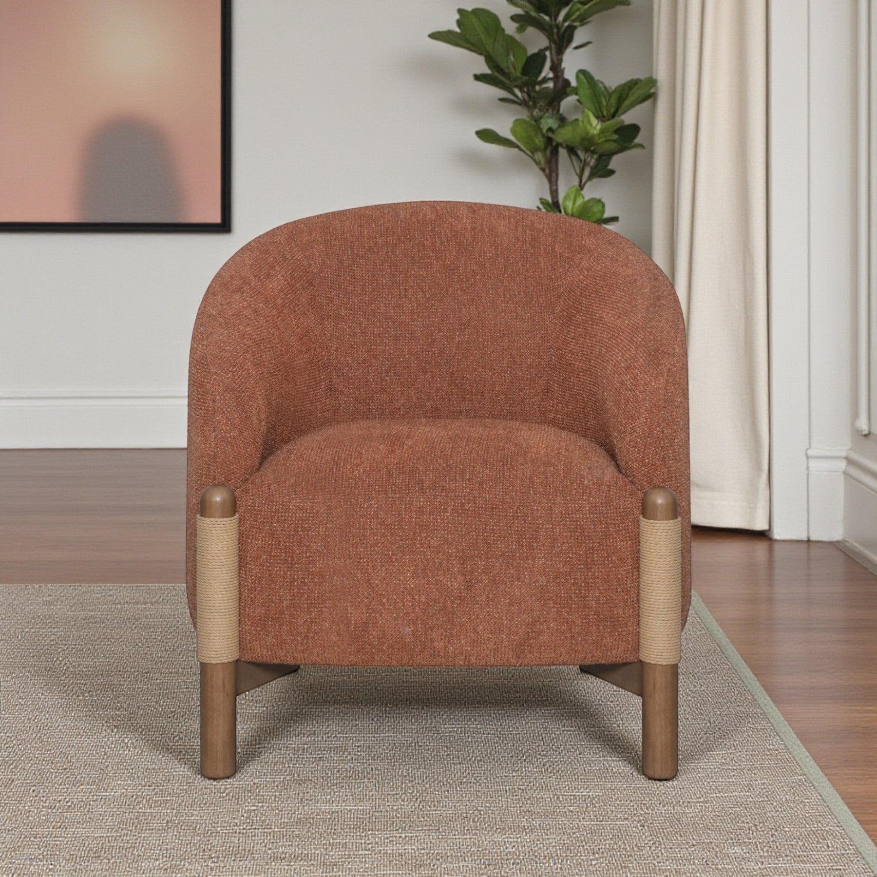 30" Rust and Brown Fabric And Wood Arm Chair-0