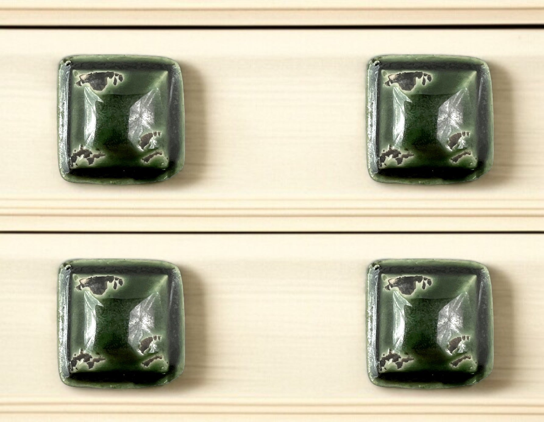 Set of Six Distressed Green Ceramic Square Drawer Pull Knobs-0