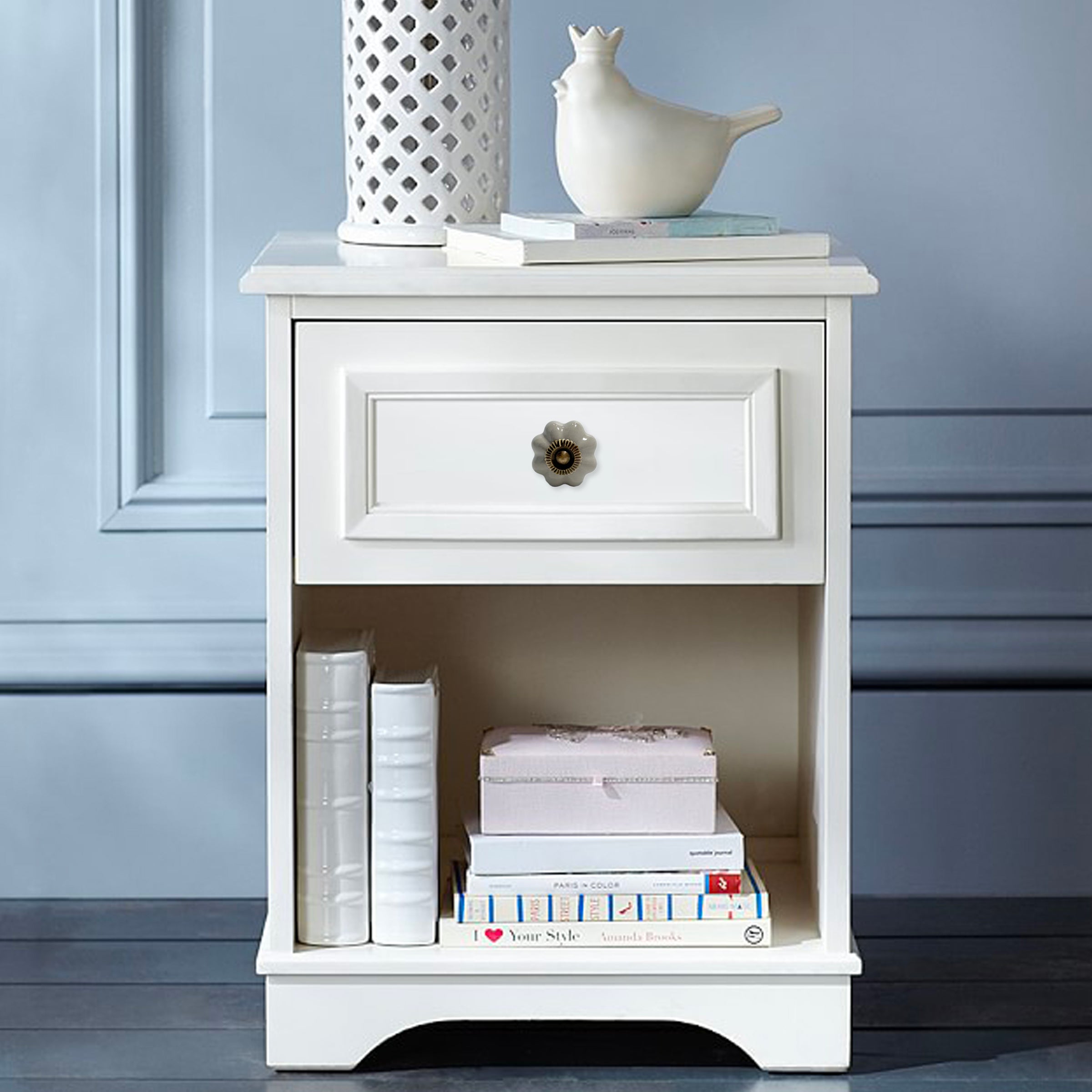 Set of Six Gray Ceramic Floral Shape Drawer Pull Knobs-3