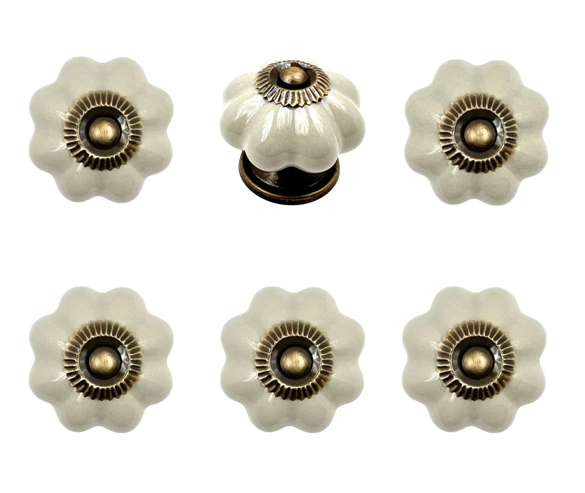 Set of Six Gray Ceramic Floral Shape Drawer Pull Knobs-1
