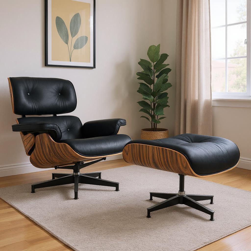 27" Black and Brown Tufted Genuine Cowhide Swivel Lounge Chair With Ottoman-1