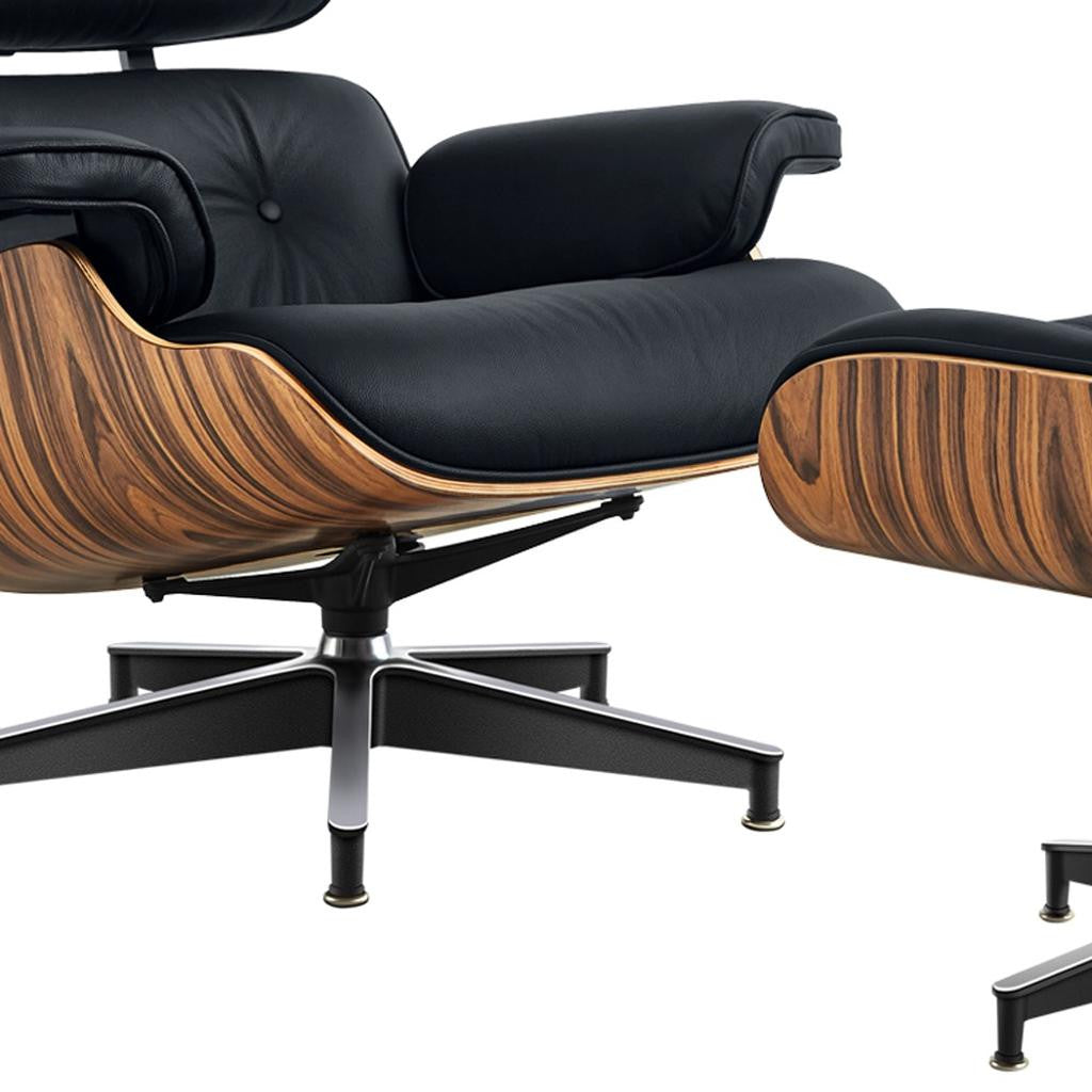 27" Black and Brown Tufted Genuine Cowhide Swivel Lounge Chair With Ottoman-6