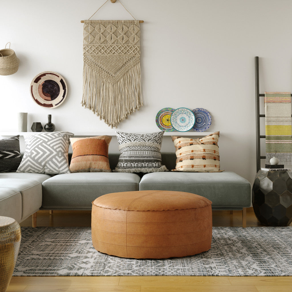 32" Brown Faux Leather Round Pouf Ottoman-5