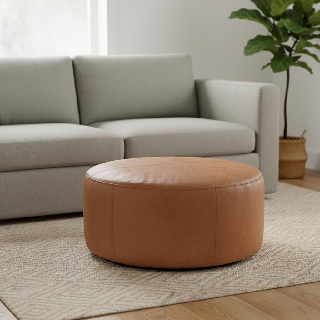 32" Brown Faux Leather Round Pouf Ottoman-1