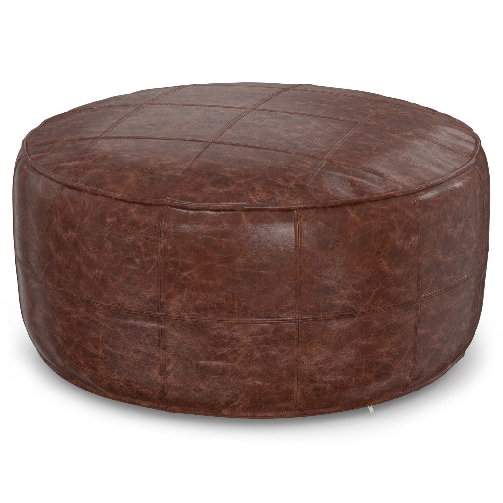 34" Brown Leather Round Pouf Ottoman-0