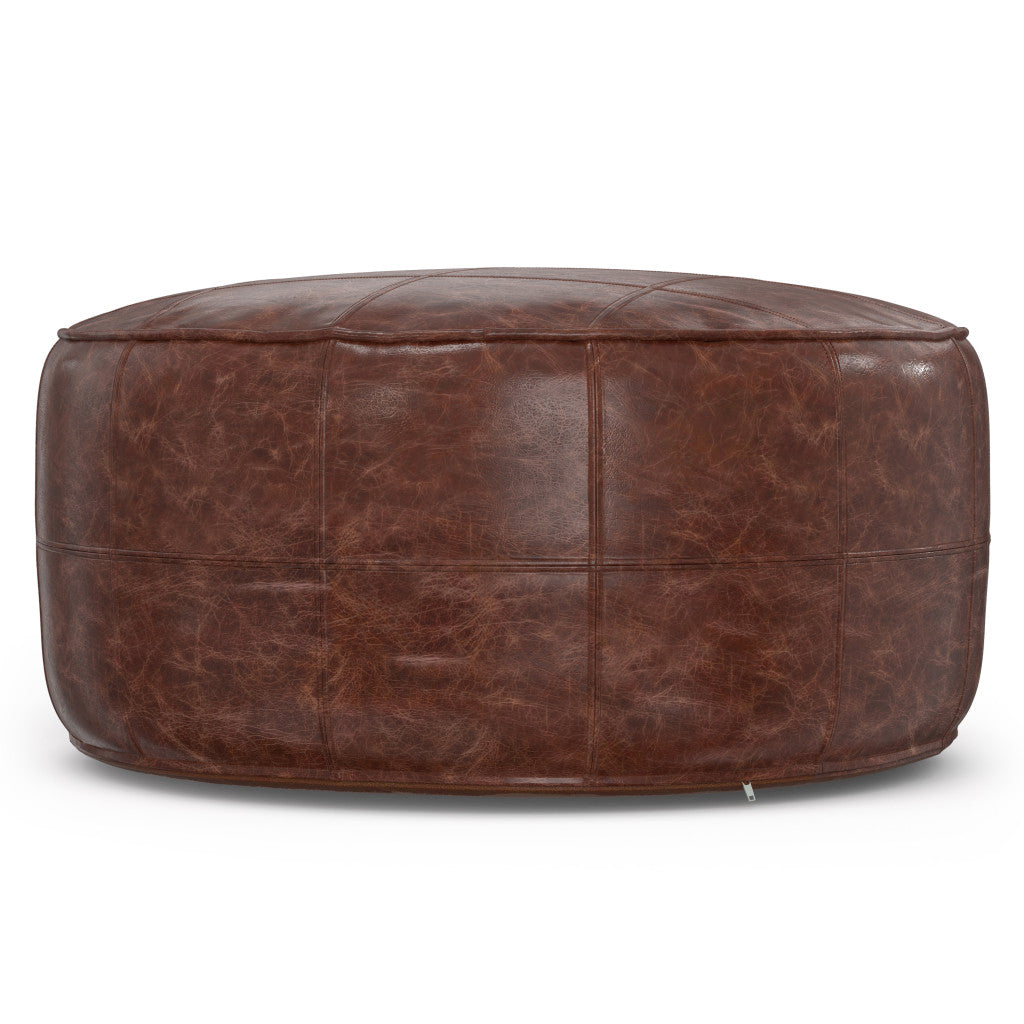 34" Brown Leather Round Pouf Ottoman-2
