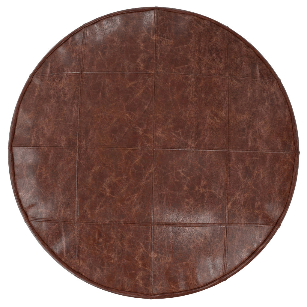 34" Brown Leather Round Pouf Ottoman-3