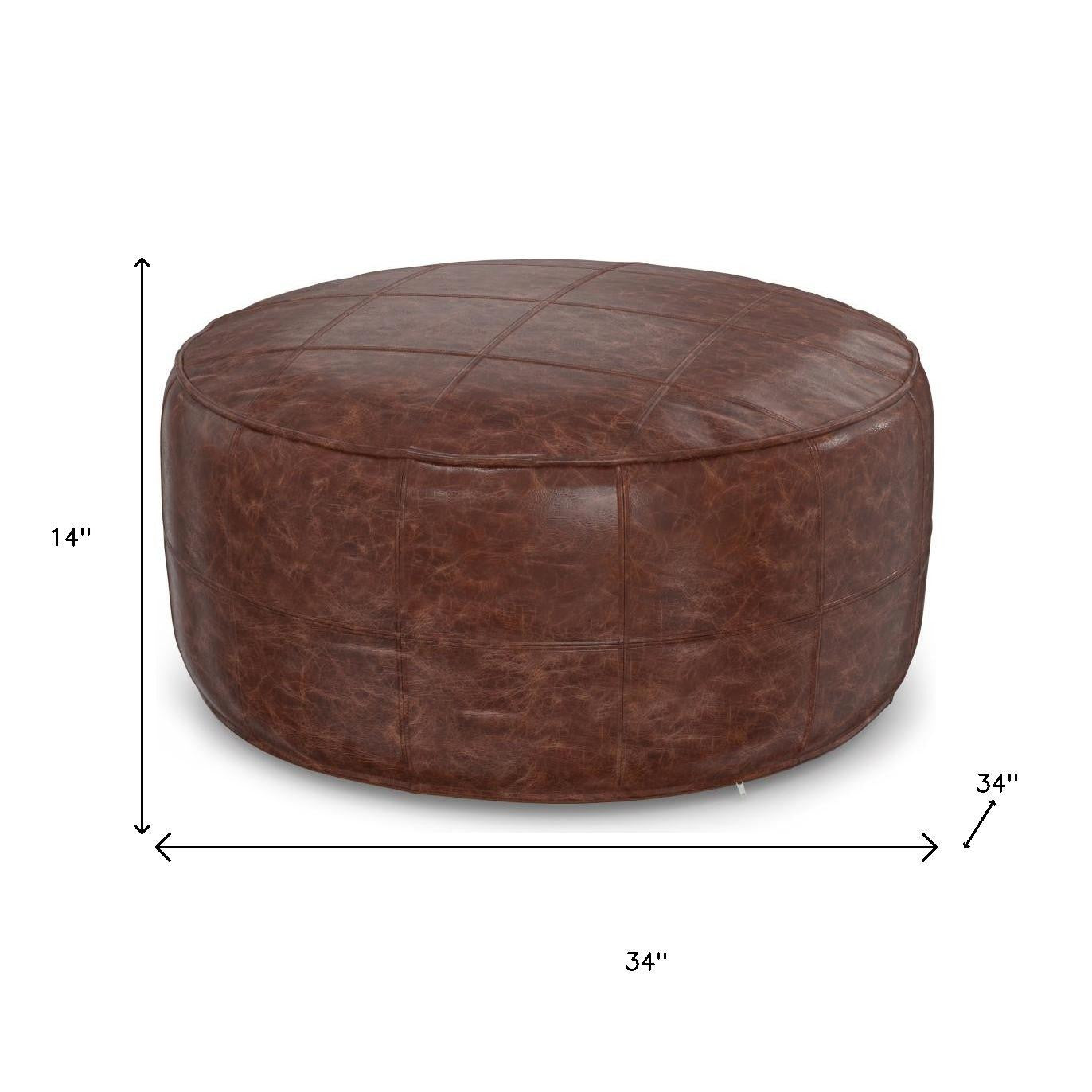 34" Brown Leather Round Pouf Ottoman-6