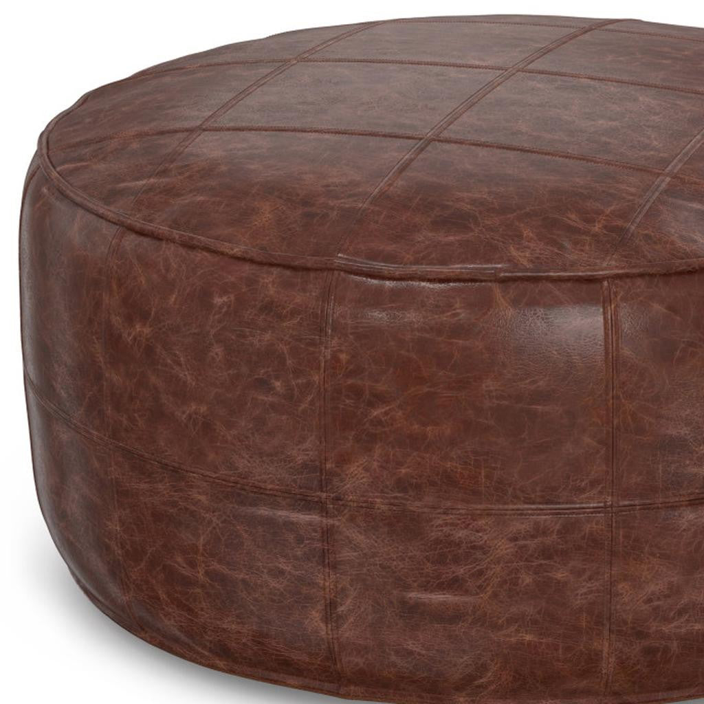 34" Brown Leather Round Pouf Ottoman-4