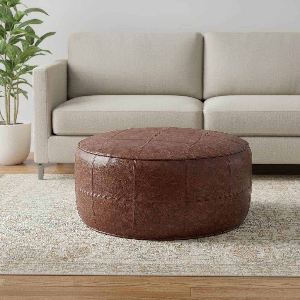 34" Brown Leather Round Pouf Ottoman-1