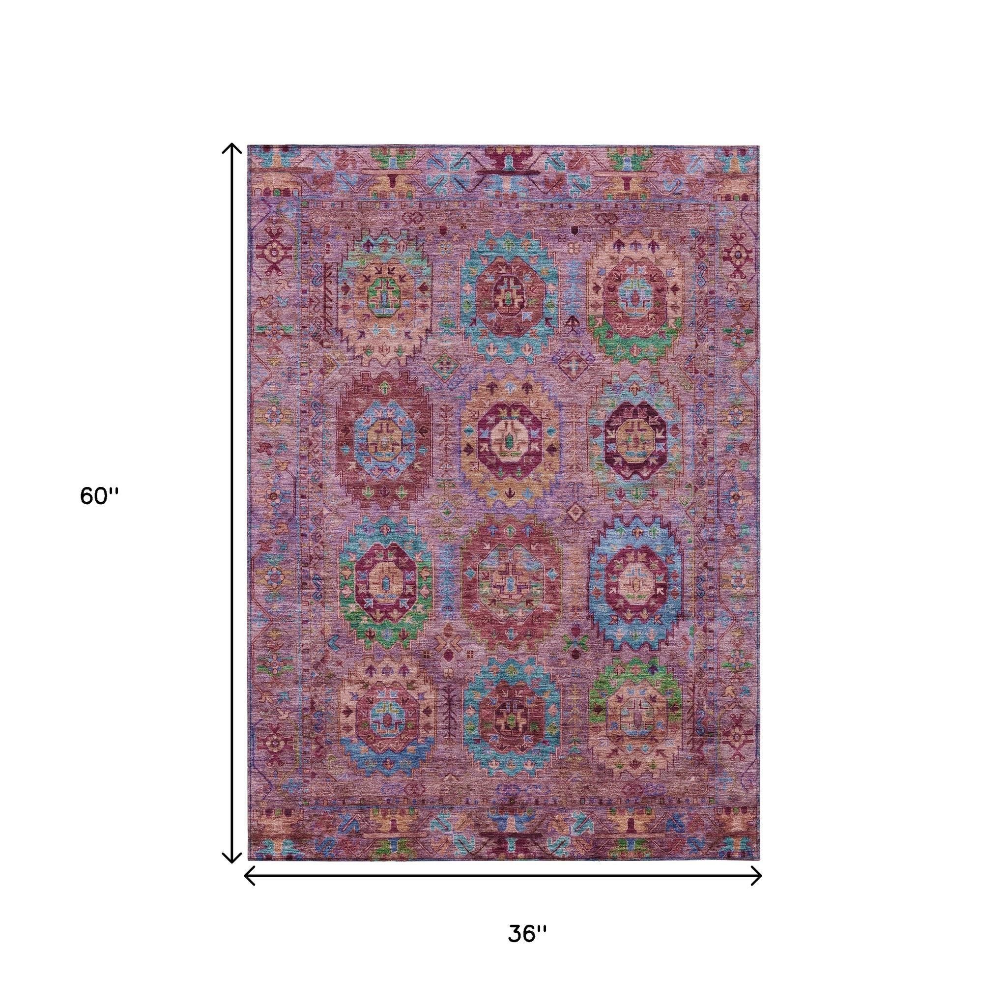 3' X 5' Pink Green And Mauve Medallion Washable Indoor Outdoor Area Rug-2