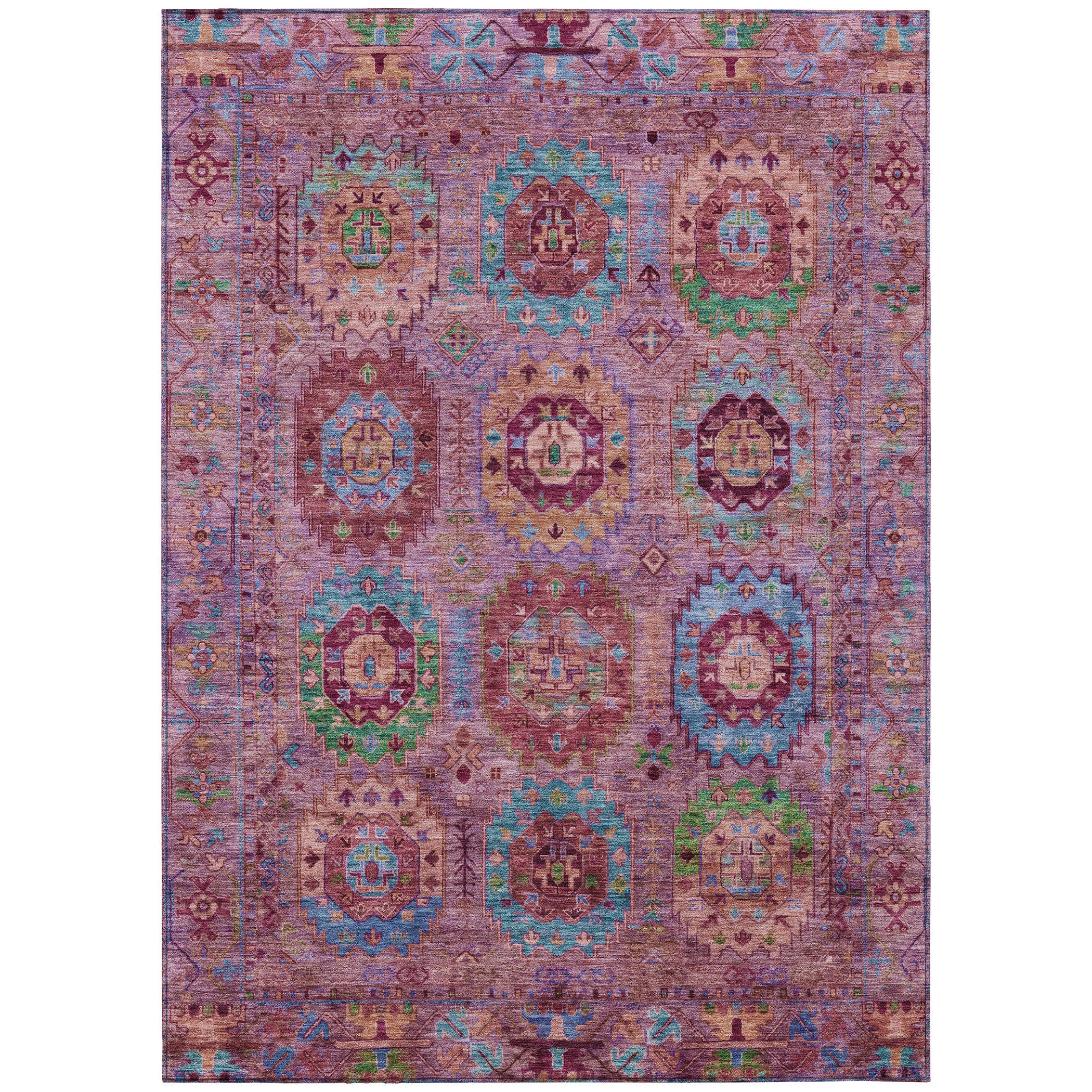 3' X 5' Pink Green And Mauve Medallion Washable Indoor Outdoor Area Rug-1