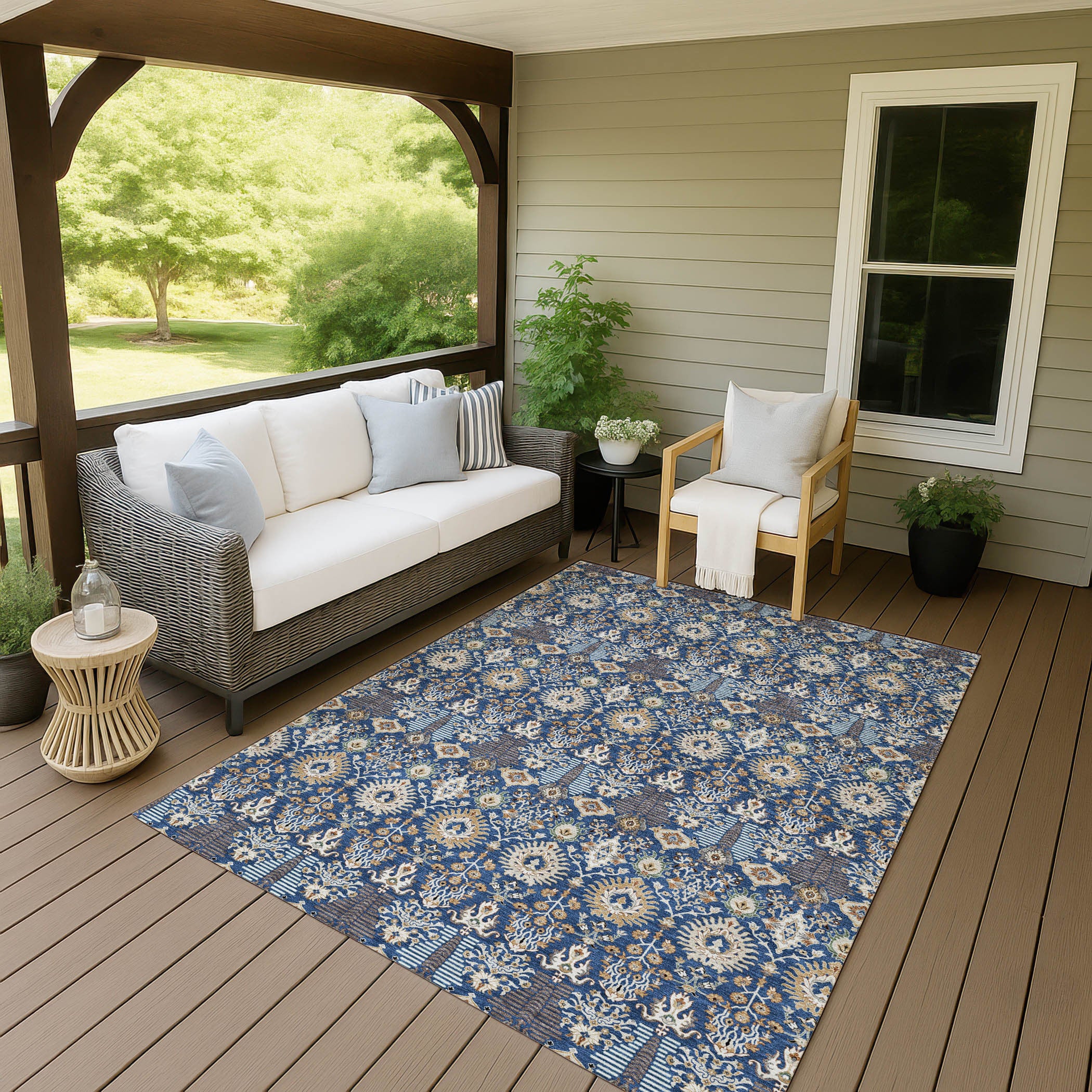 3' X 5' Navy Blue And Ivory Floral Washable Indoor Outdoor Area Rug-8