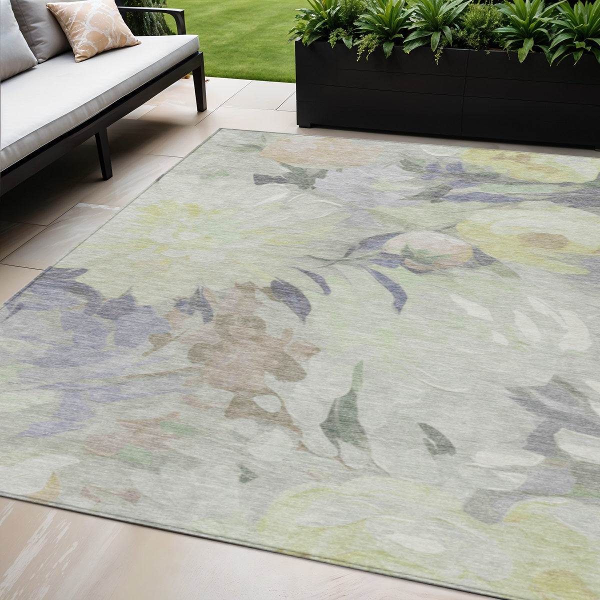 5' X 8' Mint Green Ivory And Beige Floral Washable Indoor Outdoor Area Rug-0