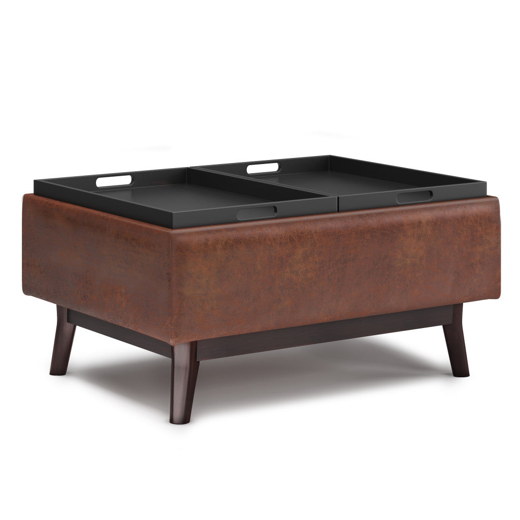 34" Brown Leather Cocktail Ottoman With Storage-2