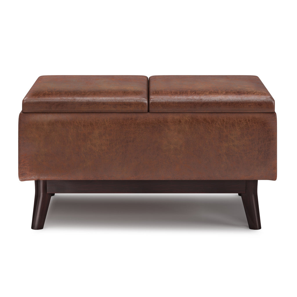 34" Brown Leather Cocktail Ottoman With Storage-3