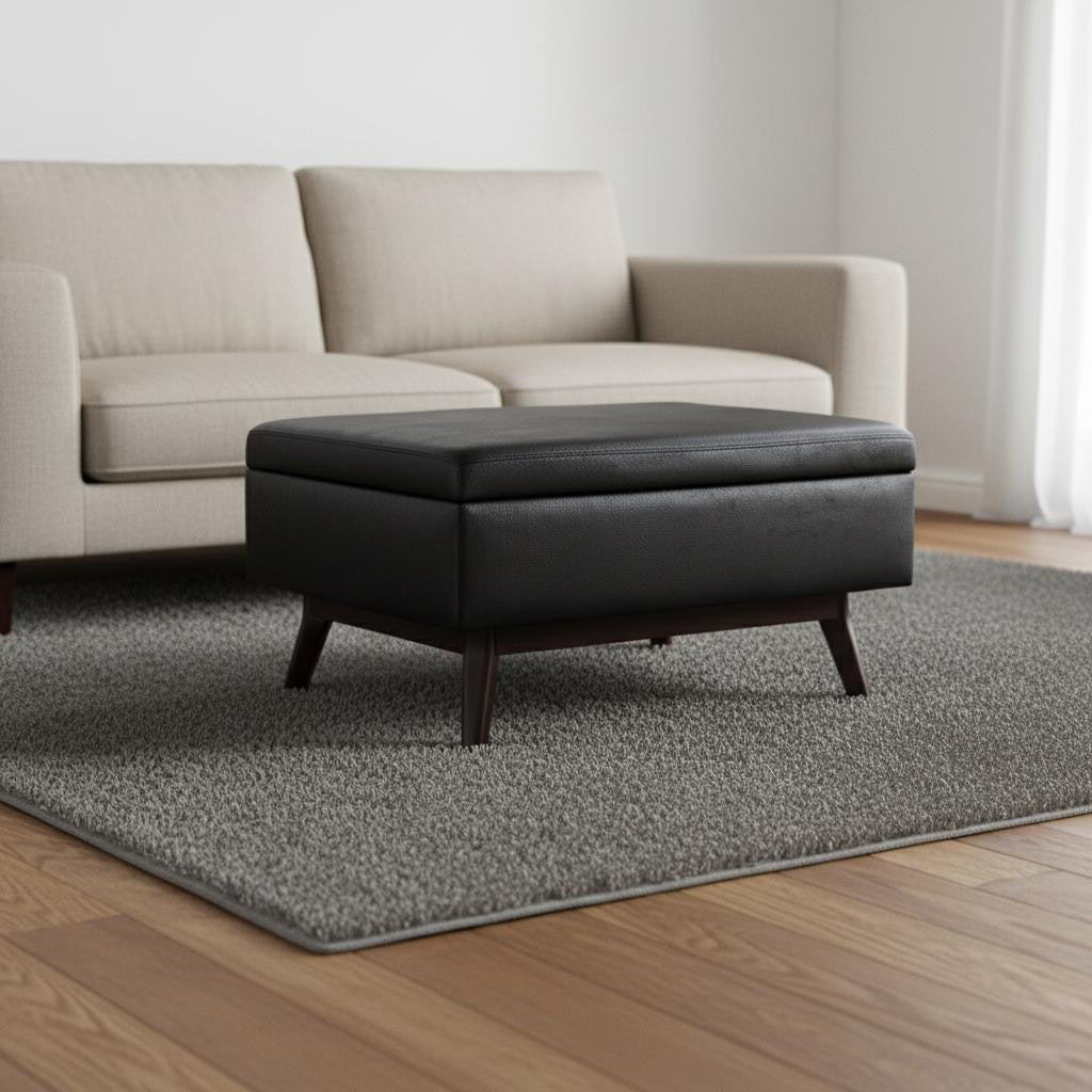 34" Black and Brown Leather Cocktail Ottoman With Storage-1