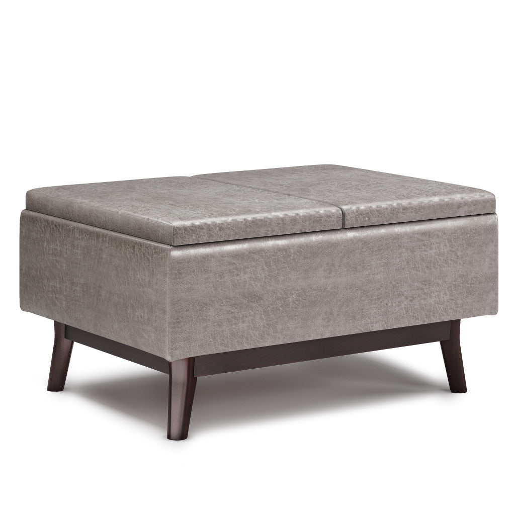 34" Gray and Dark Brown Leather Cocktail Ottoman With Storage-0