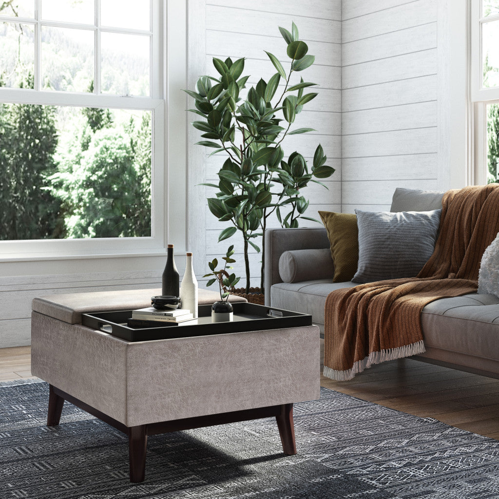 34" Gray and Dark Brown Leather Cocktail Ottoman With Storage-6