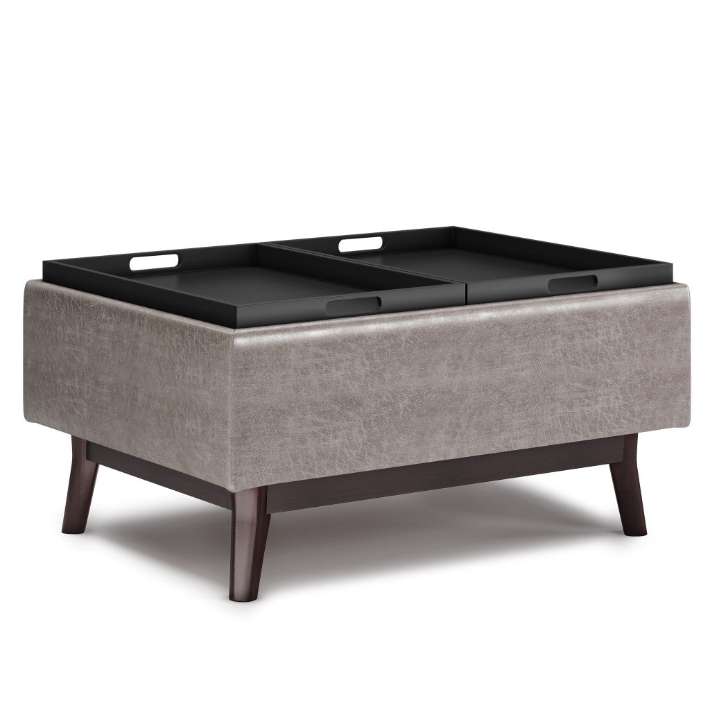 34" Gray and Dark Brown Leather Cocktail Ottoman With Storage-2