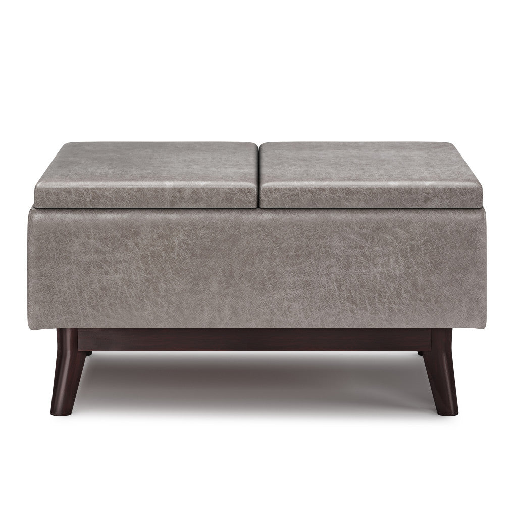 34" Gray and Dark Brown Leather Cocktail Ottoman With Storage-3