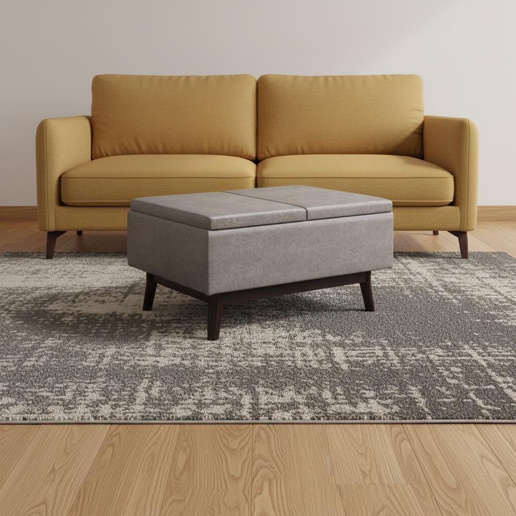 34" Gray and Dark Brown Leather Cocktail Ottoman With Storage-1