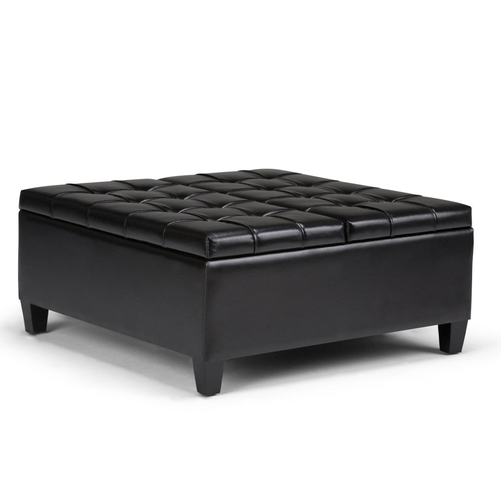 36" Black and Espresso Leather Cocktail Ottoman With Storage-0
