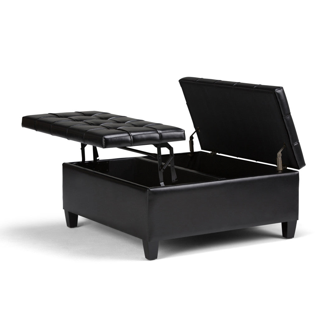 36" Black and Espresso Leather Cocktail Ottoman With Storage-4