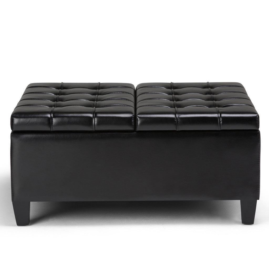 36" Black and Espresso Leather Cocktail Ottoman With Storage-2