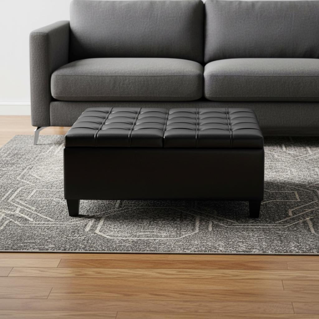 36" Black and Espresso Leather Cocktail Ottoman With Storage-1