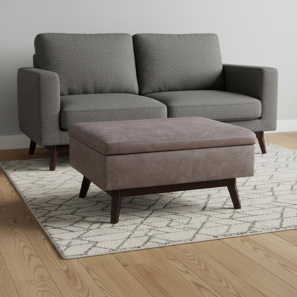 34" Gray and Brown Leather Cocktail Ottoman With Storage-1