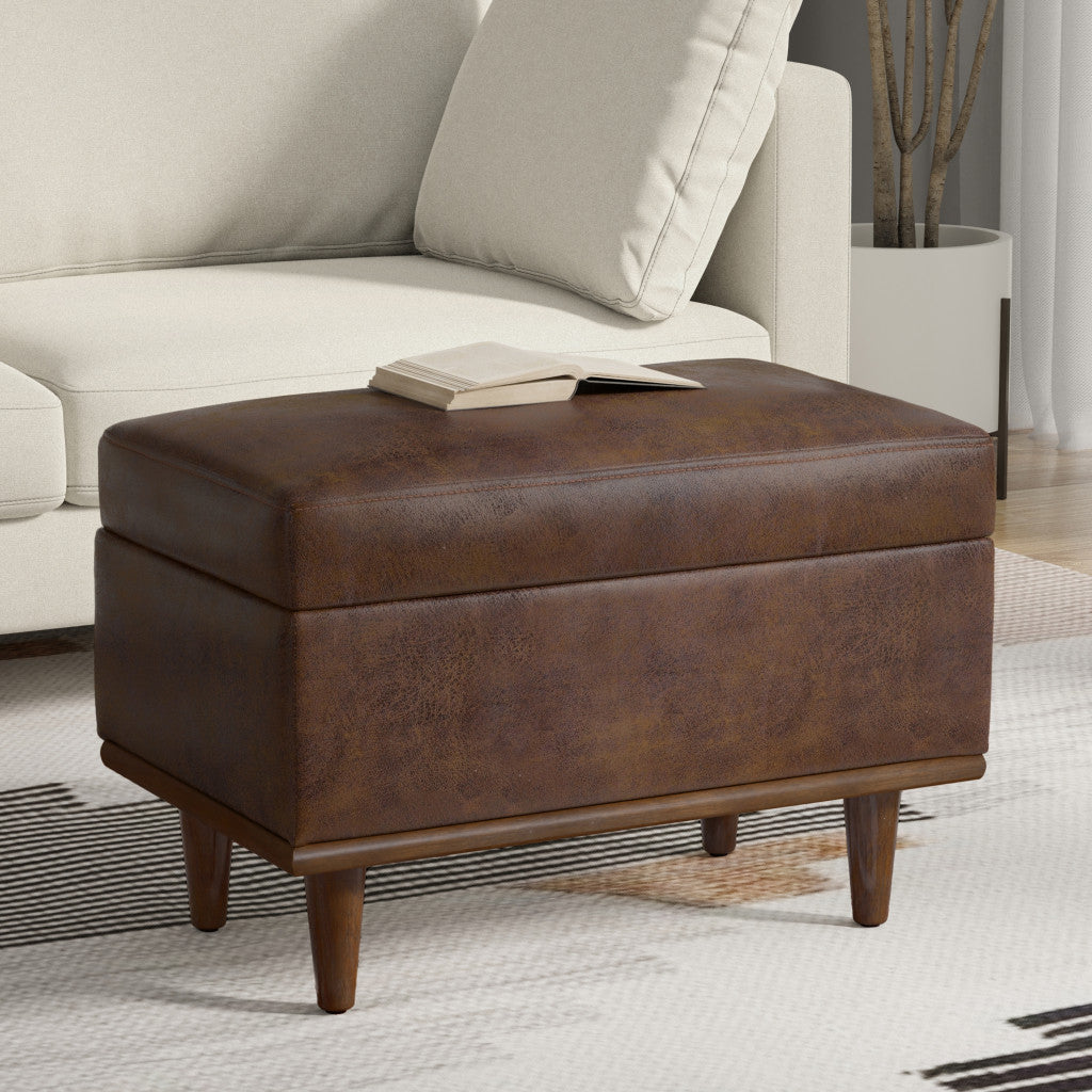 26" Brown and Walnut Leather Cocktail Ottoman With Storage-6