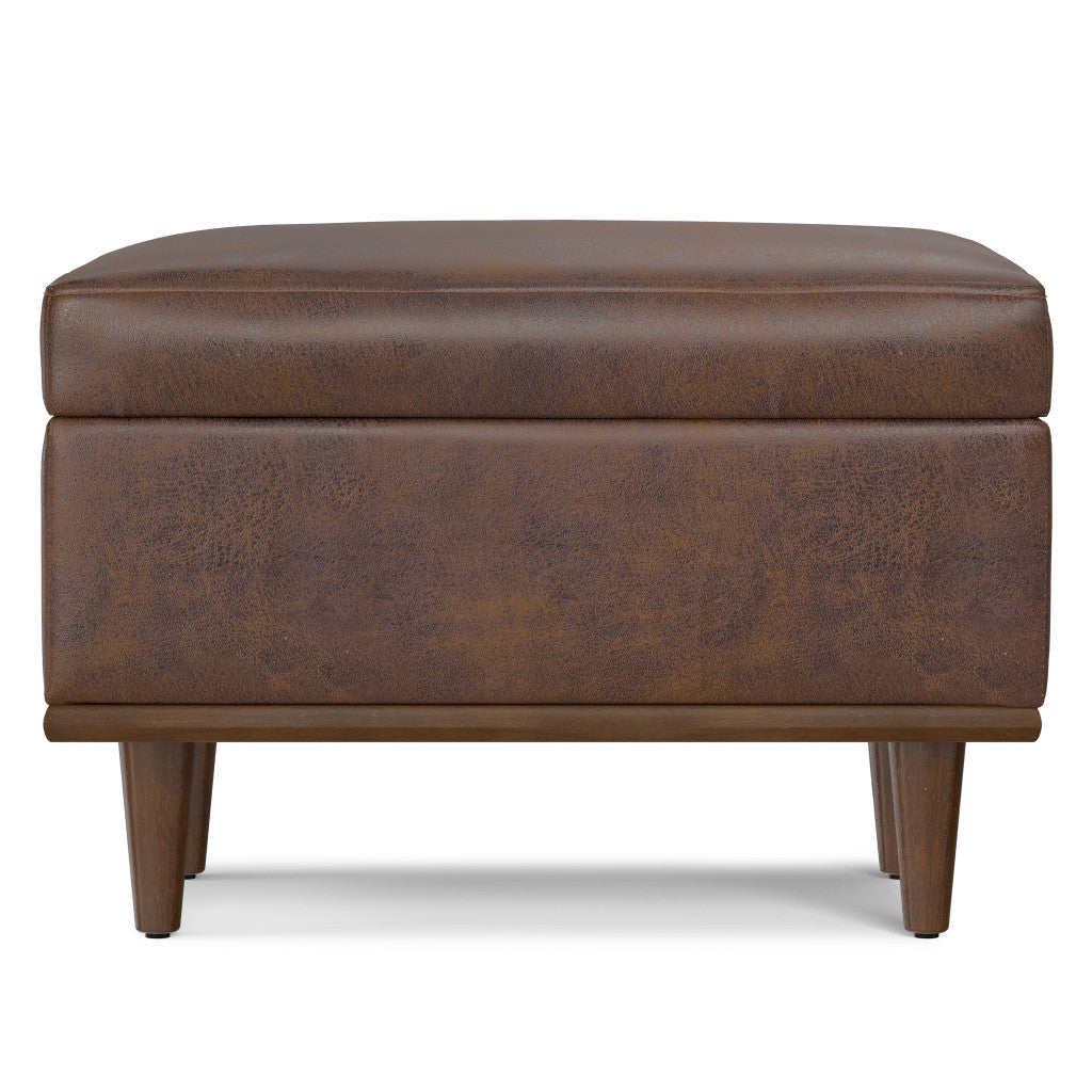 26" Brown and Walnut Leather Cocktail Ottoman With Storage-3