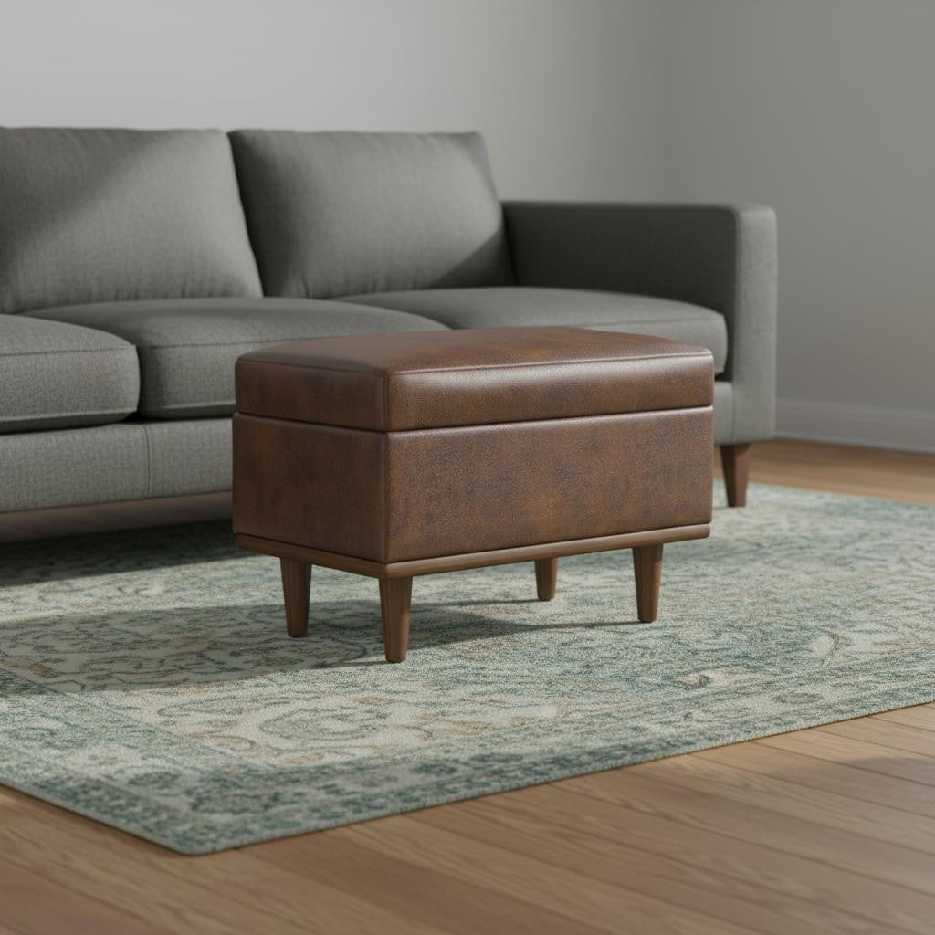 26" Brown and Walnut Leather Cocktail Ottoman With Storage-1