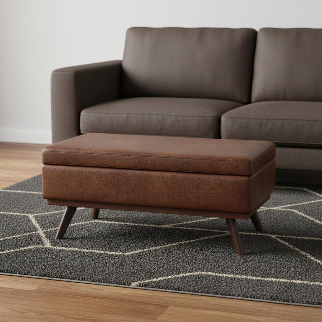 42" Brown Leather Cocktail Ottoman With Storage-1