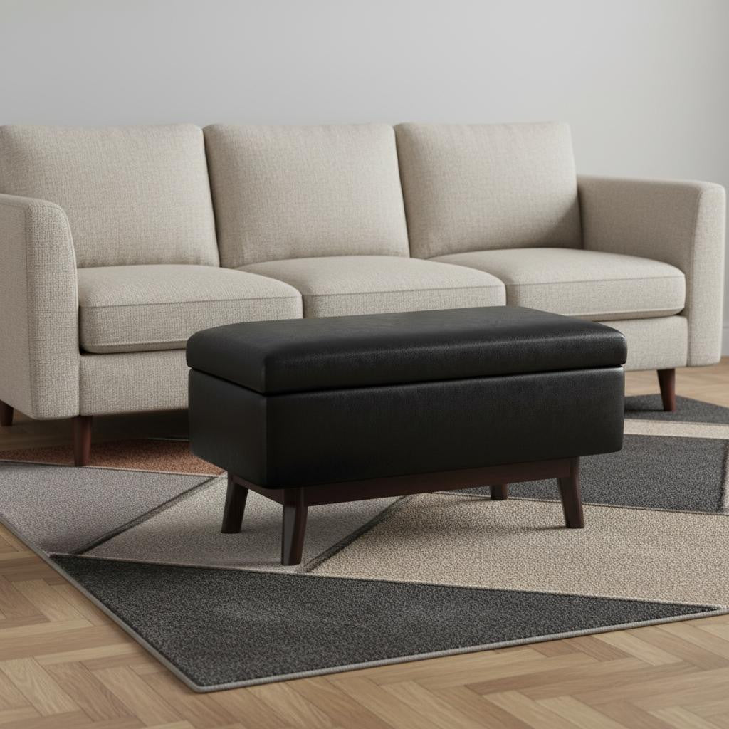 36" Black and Brown Leather Cocktail Ottoman With Storage-1