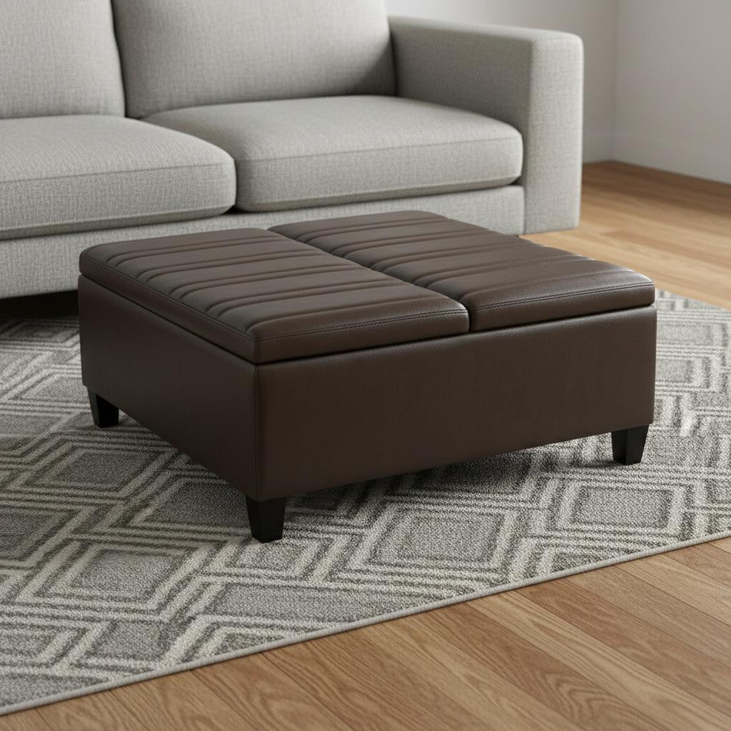 36" Brown and Espresso Leather Cocktail Ottoman With Storage-1