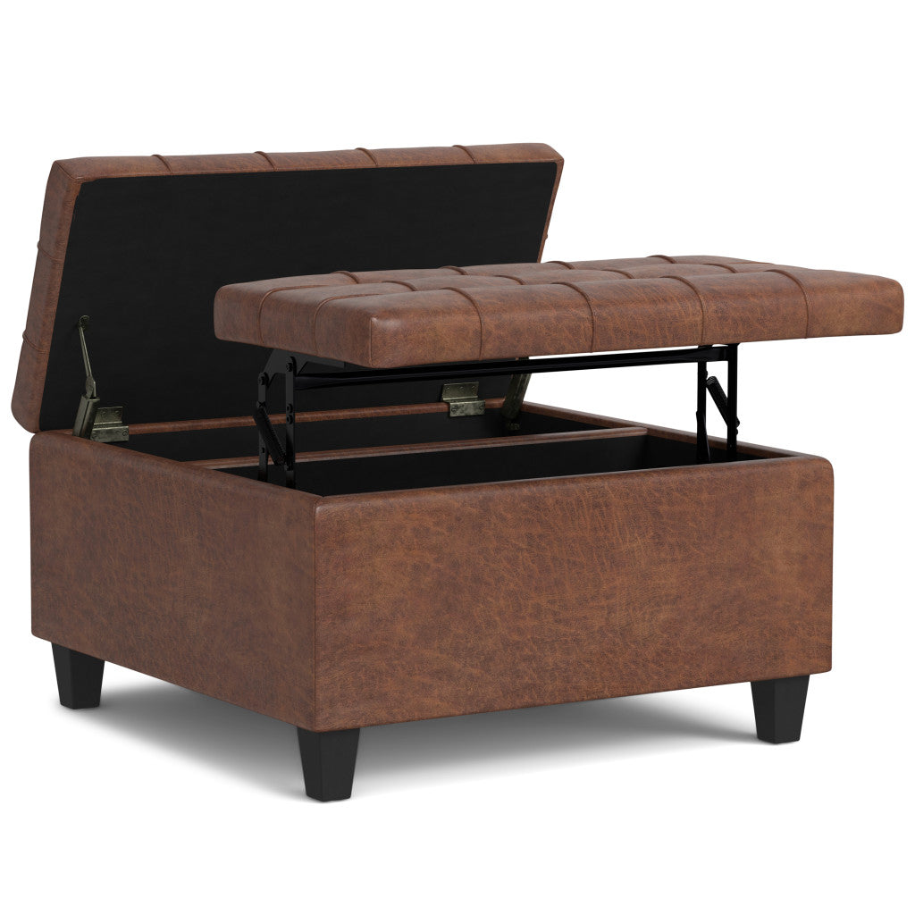 30" Brown Leather Cocktail Ottoman With Storage-4