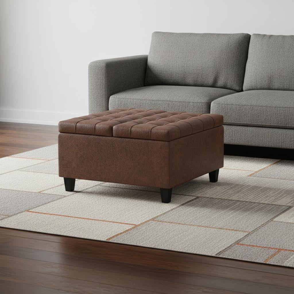 30" Brown Leather Cocktail Ottoman With Storage-1