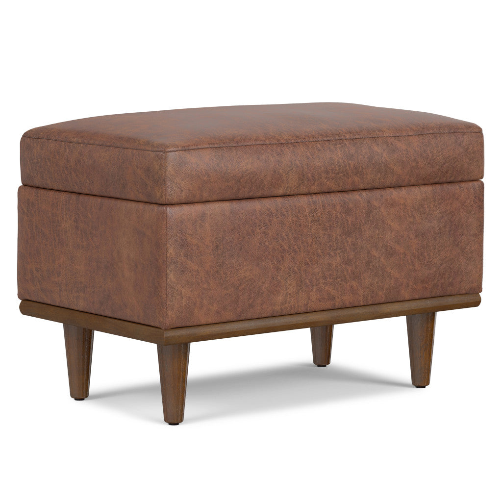 26" Brown and Walnut Leather Cocktail Ottoman With Storage-0