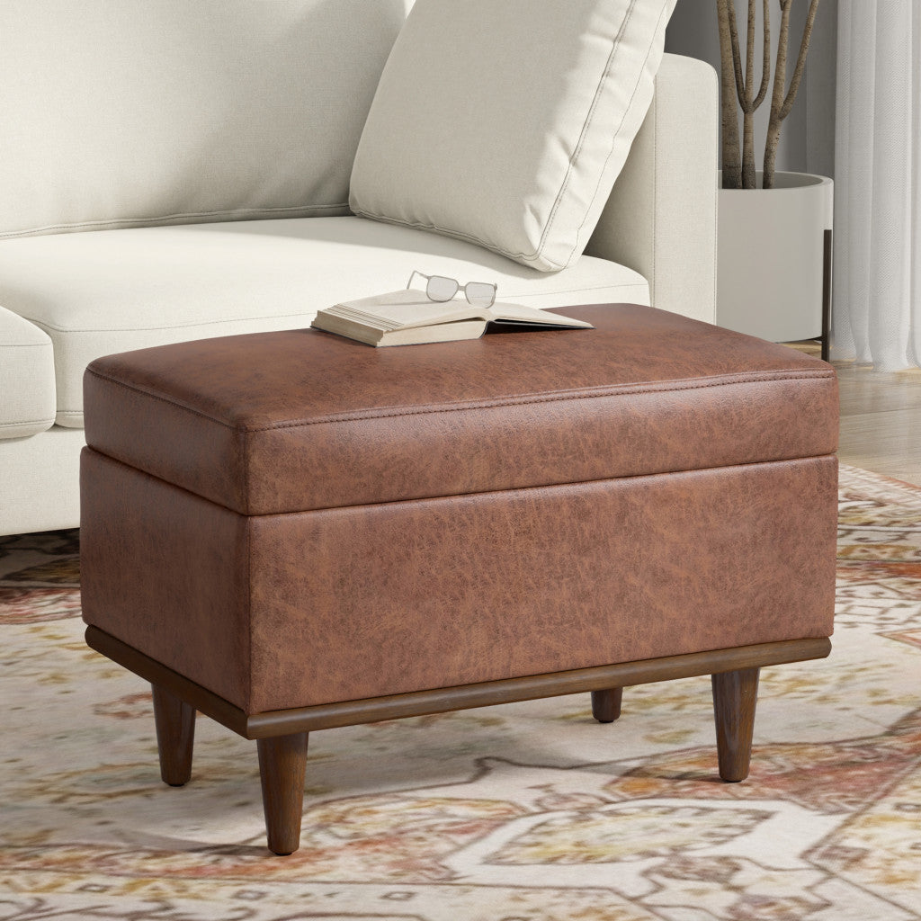 26" Brown and Walnut Leather Cocktail Ottoman With Storage-6