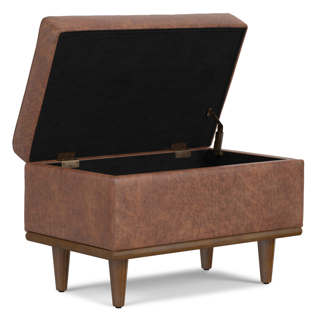 26" Brown and Walnut Leather Cocktail Ottoman With Storage-2