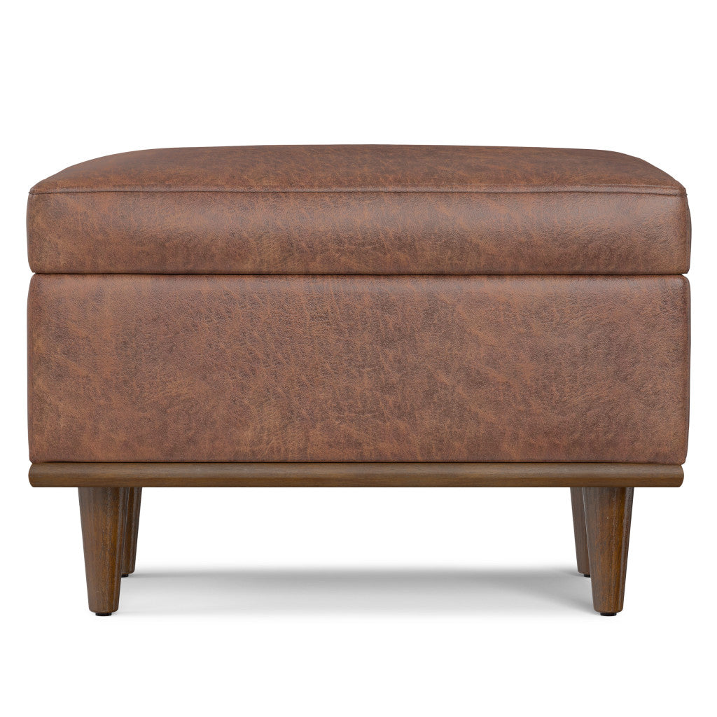 26" Brown and Walnut Leather Cocktail Ottoman With Storage-3