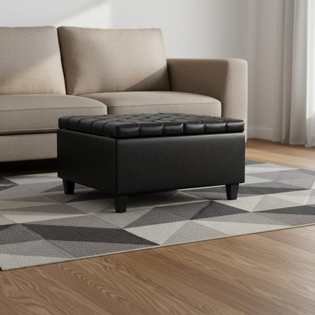 30" Black Leather Cocktail Ottoman With Storage-1