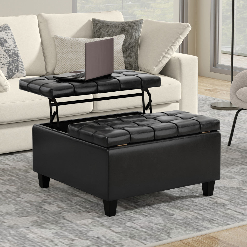 30" Black Leather Cocktail Ottoman With Storage-8