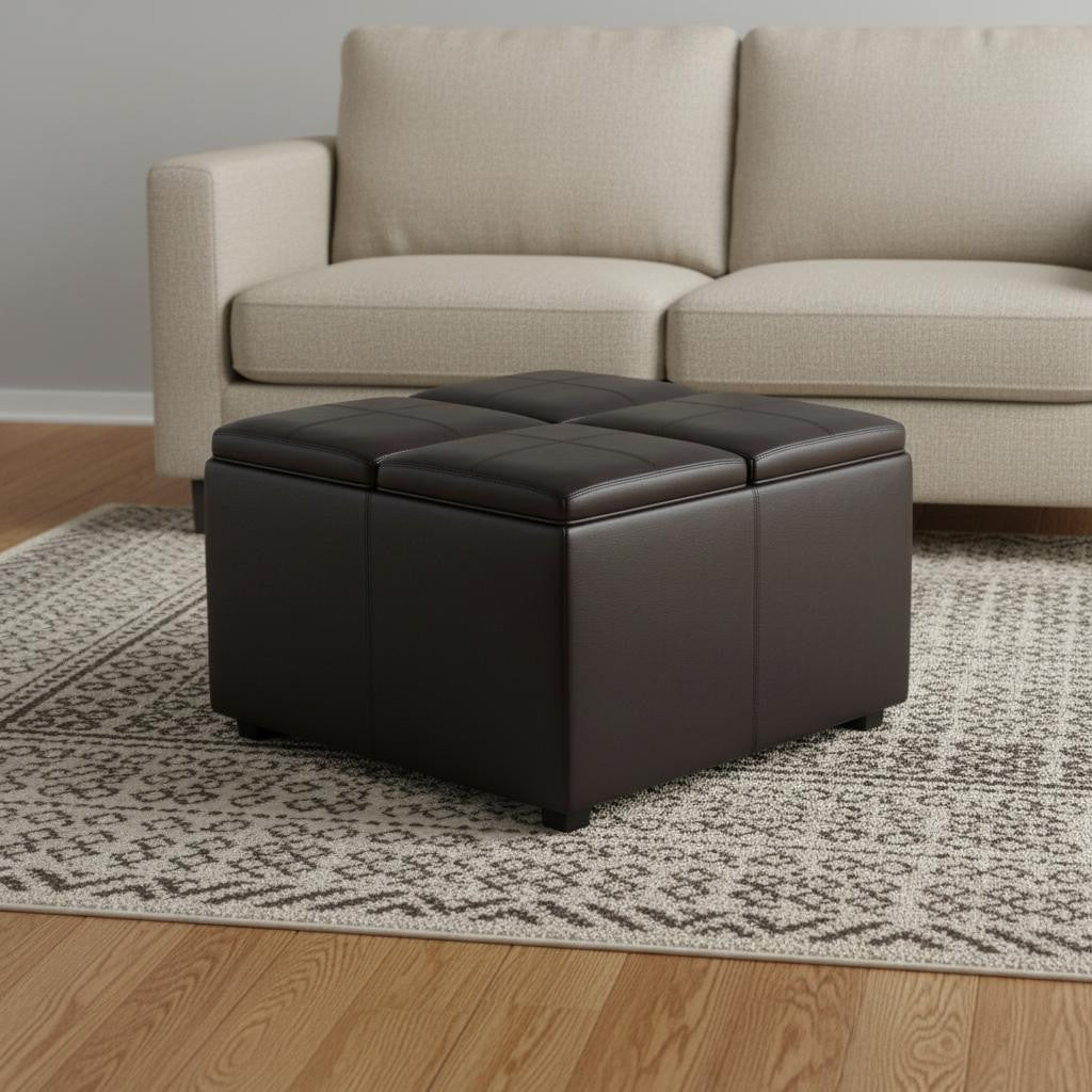 35" Brown and Dark Brown Leather Cocktail Ottoman With Storage-1