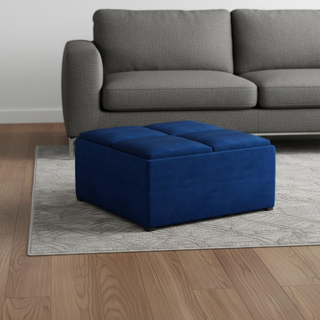 35" Blue and Black Velvet Cocktail Ottoman With Storage-1