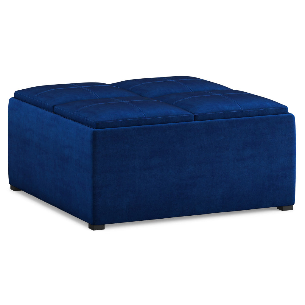 35" Blue and Black Velvet Cocktail Ottoman With Storage-0