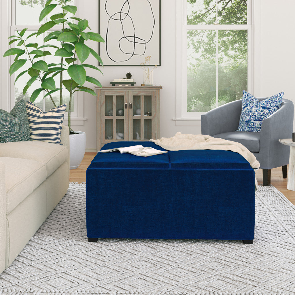 35" Blue and Black Velvet Cocktail Ottoman With Storage-7
